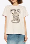 Ganni White T-shirt With Print And Logo Lettering On The Front In Cotton Woman In Pink