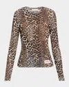 Ganni Leopard Pattern Printed Mesh Long Top In Leopard