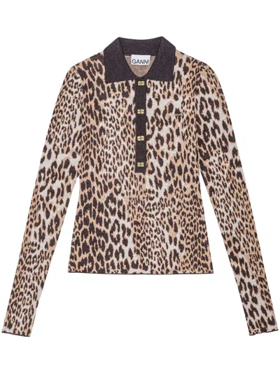 GANNI LEOPARD PRINT LONG SLEEVE TOP