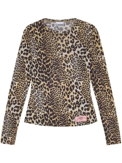 GANNI GANNI LEOPARD PRINT LONG SLEEVE TOP WITH TEXTURED FINISH