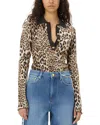 Ganni Multicolor Polo Shirt With Jewel Buttons And All-over Leopard Print In Cotton Woman In Leopard