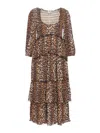 Ganni Leopard Pleated Georgette Flounce Smock Midi Dress In Beige