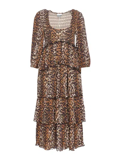 Ganni Leopard Print Flounce Midi Dress In Teal