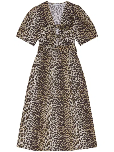 Ganni Midikleid Mit Leoparden-print In Braun