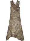 Ganni Leopard Marl Mesh Long Ruched Crossover Dress In Brown