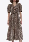 Ganni Belted Bow-embellished Leopard-print Cotton-poplin Midi Dress In Brown