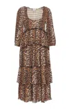 Ganni Leopard Pleated Georgette Flounce Smock Midi Dress In Brown