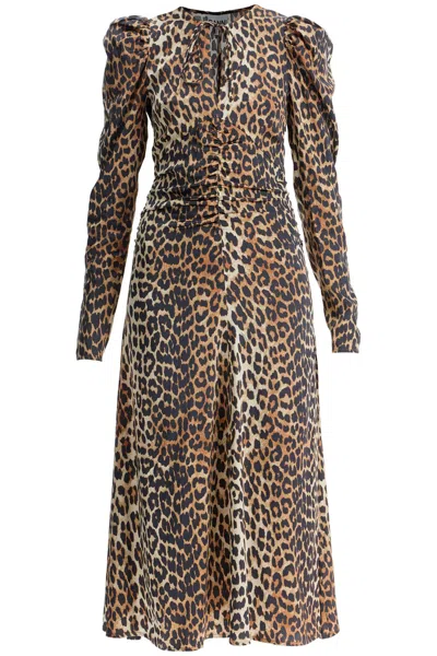 Ganni Leopard Print Midi Dress In Brown
