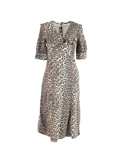 Pre-owned Ganni Leopard-print Midi Dress In Brown