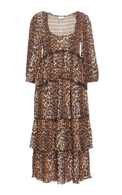 Ganni Leopard Printed Pleated U In Brown