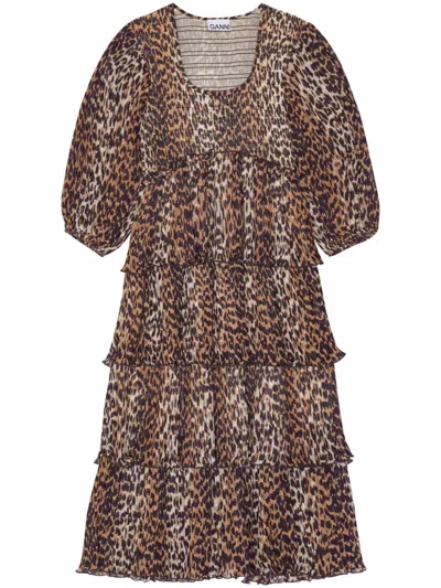 Ganni Leopard Print Midi Dress For Women In Brown