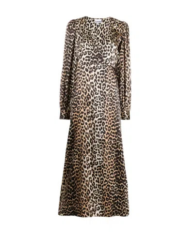 Ganni Black Viscose Twill Mini Dress In Marrone Scuri