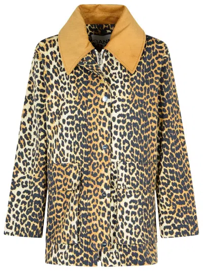 Ganni Leopard Print Midi Jacket In Animal Print
