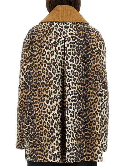 Ganni Leopard Print Midi Jacket In Brown