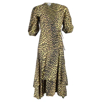 Ganni Leopard Print Midi Wrap Dress In Brown Cotton