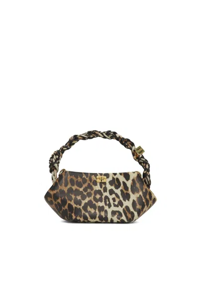 Ganni Leopard Print Mini Bou Bag With Twisted Handle In Brown