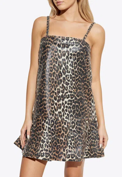 GANNI LEOPARD PRINT MINI DENIM DRESS