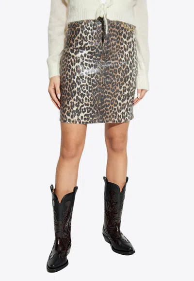 Ganni Leopard Print Mini Denim Skirt In Beige