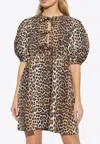 Ganni Printed Tie String Poplin Mini Dress In Brown