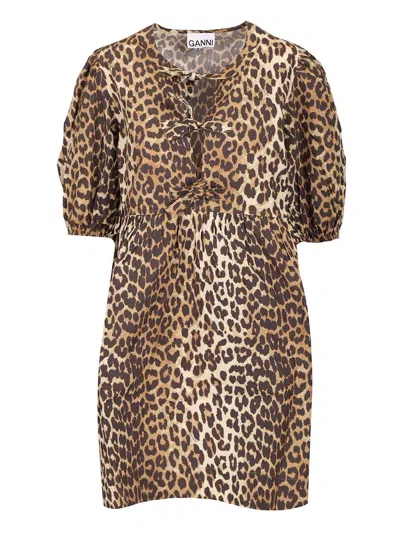 Ganni Brown Leopard Printed Cotton Tie String Minidress In 943 Leopard