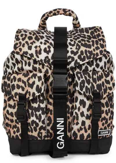 Ganni Leopard-print Nylon Backpack In Orange