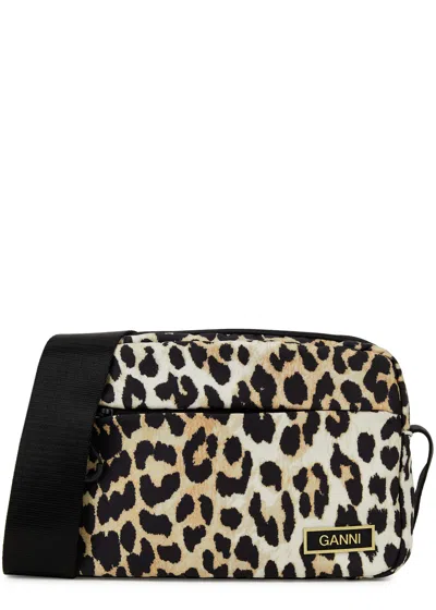 Ganni Leopard-print Nylon Cross-body Bag In Metallic