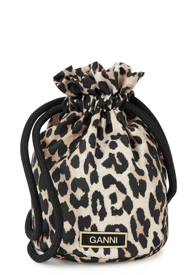 Ganni Leopard-print Nylon Pouch In Brown