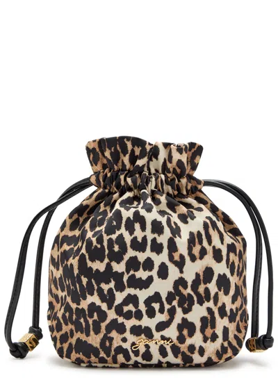 Ganni Leopard-print Nylon Pouch In Brown