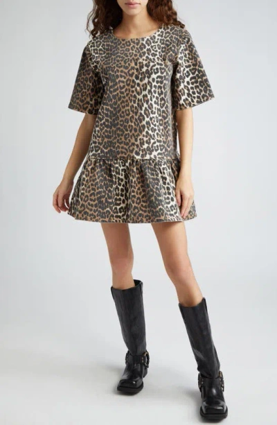 Ganni Leopard-print Denim Minidress In Mixed Colours