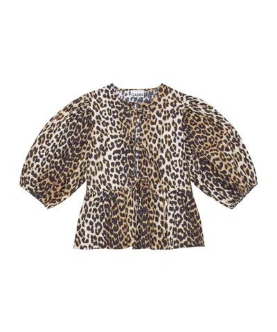 Ganni Women Leopard Cotton Poplin Peplum Tie Blouse In Animal Print