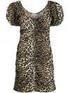 Ganni Bow-detailed Ruched Leopard-print Cotton-poplin Mini Dress In Braun
