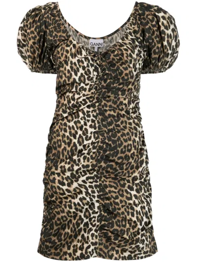 Ganni Bow-detailed Ruched Leopard-print Cotton-poplin Mini Dress In Multi