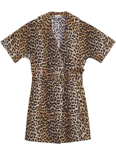 Ganni Leopard Print Organic Cotton Mini Dress In Brown