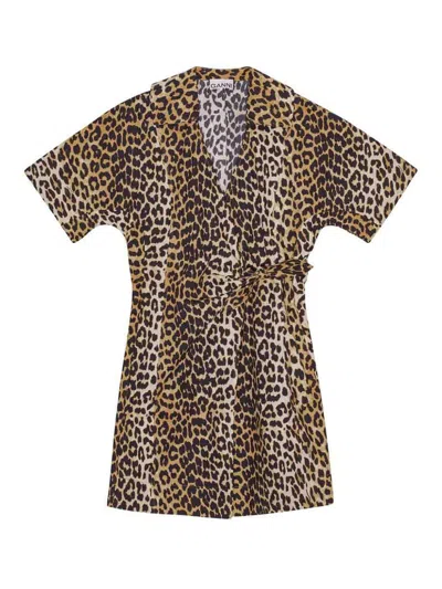 Ganni Leo Wrap Dress In Brown