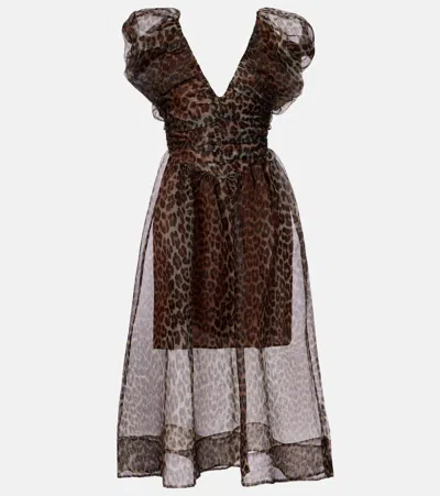 Ganni Leopard-print Organza Midi Dress In Brown