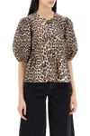Ganni Multicolor Blouse With Front Tie Closure And All-over Leopard Motif In Cotton Woman In Beige