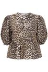 Ganni Multicolor Blouse With Front Tie Closure And All-over Leopard Motif In Cotton Woman In Leopard (beige)