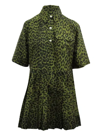 Pre-owned Ganni Leopard-print Pleated Dress In Green