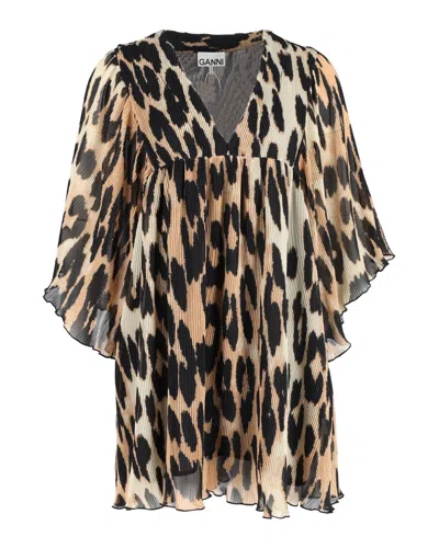 Ganni Leopard-print Pleated Oversized Mini Dress In Brown Polyester
