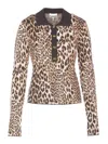 Ganni Multicolor Polo Shirt With Jewel Buttons And All-over Leopard Print In Multicolour