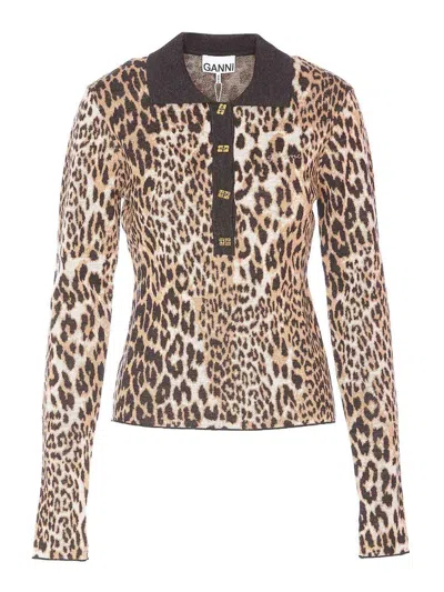 Ganni Leopard Print Polo In Multi