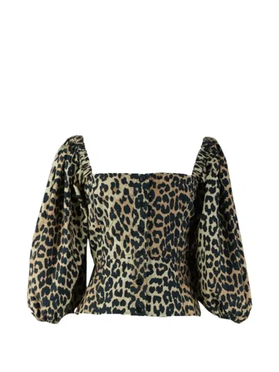 Pre-owned Ganni Leopard-print Puff-sleeved Top In Neutral