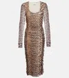 GANNI LEOPARD-PRINT RUCHED MESH MIDI DRESS