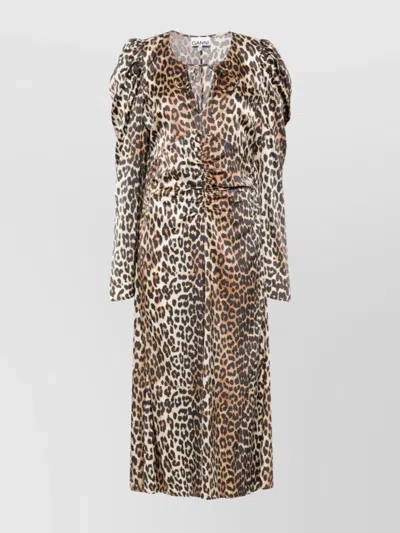 Ganni Leopard Print Ruched V-neck Midi Dress In Animal Print