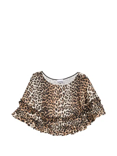 Ganni Leopard Print Ruffled Skirt In Brown