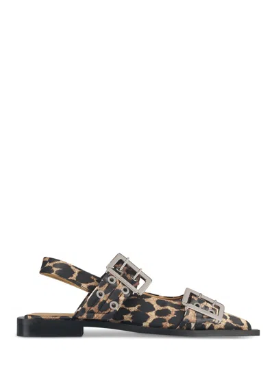 Ganni Leopard Print Sandals With Bold Buckles In Black