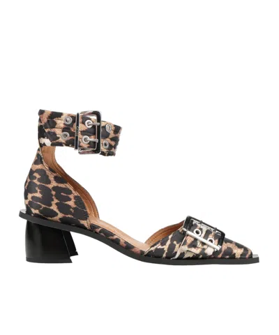 Ganni Leopard Print Satin High Heels In Black