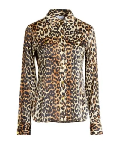 Ganni Leopard Print Satin Long Sleeve Shirt In Animal Print