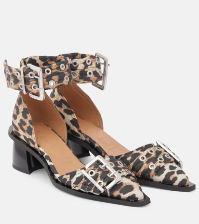 Ganni Leopard Print Feminine Buckle Open Cut Pumps In Multi