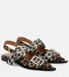 Ganni Multicolor Ballet Shoes With Double Buckle And All-over Leopard Print In Brown